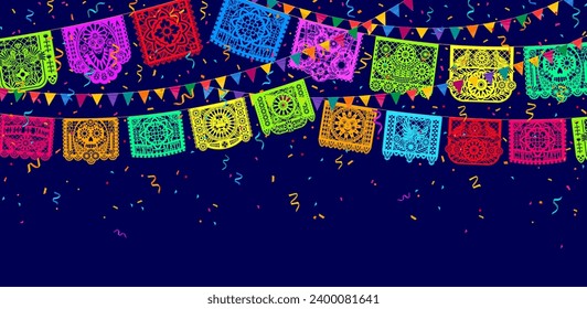 Mexican papel picado paper cut flags and banners for holiday fiesta decorations, vector background. Papel picado flags garland with paper cut skull and flowers ornament with confetti for Mexican party