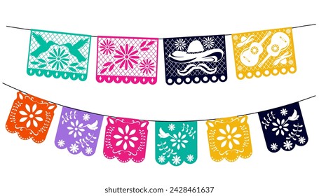 Mexican papel picado paper cut holiday flags and banners. Day of the Dead, Dia De Los Muertos and Cinco de Mayo flags with. Vector illustration. isolated on a white background.