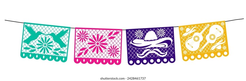 Mexican papel picado paper cut holiday flags and banners. Day of the Dead, Dia De Los Muertos and Cinco de Mayo flags with. Vector illustration. isolated on a white background.