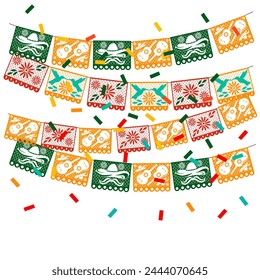 Mexican papel picado paper cut holiday flags and banners. Day of the Dead, Dia De Los Muertos and Cinco de Mayo flags with. Vector illustration. isolated on a white background.