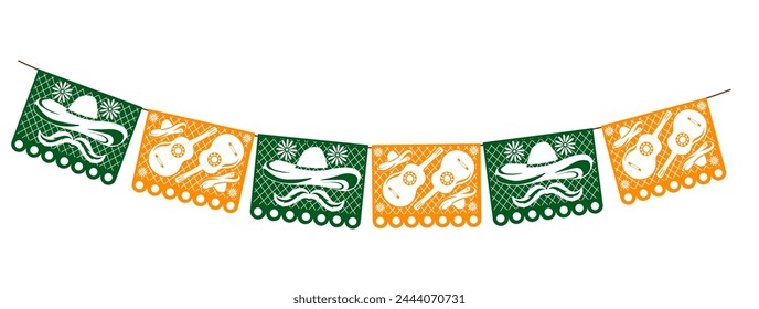 Papel picado mexicano cortar banderas y Anuncios de vacaciones. Día de Muertos, Día de los Muertos y Banderas del Cinco de Mayo con. Ilustración vectorial. aislado sobre un fondo blanco.