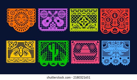 Mexican papel picado papercut flags. Vector Day of Dead isolated paper cutting garland templates. Traditional Mexico Dia de los muertos laser cutting decoration with floral pattern, sombrero, cactus