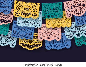 Mexican papel picado, pecked paper laces hanging on string. Mexico decoration for Dia de los Muertos means Day of Dead. Colorful festive flags, hispanic ornament background. Flat vector illustration