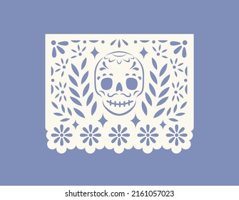 Mexican papel picado, perforated paper flag with cut pattern of skull. Traditional pecked banner for Mexico holiday of death, dead, Dia de los Muertos. Isolated flat graphic vector illustration