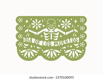 Mexican papel picado with perforated pattern of skeleton and flowers. Traditional folk pecked paper flag for Mexico holiday, day of dead, Dia de los Muertos. Isolated flat vector illustration.