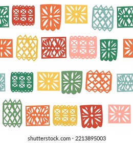 Mexican papel picado repeat or traditional holiday papercut bunting vector seamless pattern, pierced paper colorful garland, handmade cutout flags. Dia de Los Muertos or Day of the Dead decoration.