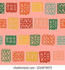 Mexican papel picado retro repeat or traditional holiday papercut bunting vector seamless pattern, pierced paper colorful garland, handmade cutout flags. Dia de Los Muertos or Day of the Dead decor