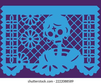 Mexican papel picado with skull woman surrounded by flowers