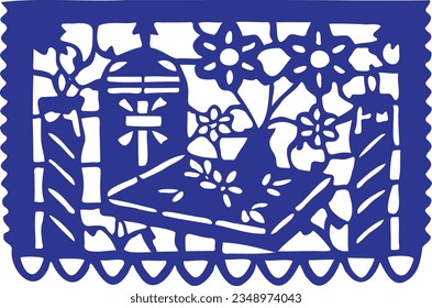 A Mexican papel picado in Spanish, which means in english: perforated paper or pecked paper with a burial vault tomb a grave at the cemetery with flower. Concept: Day of the Dead.