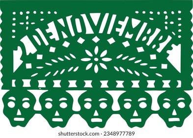 A Mexican papel picado in Spanish, which means in english: perforated paper or pecked paper with the text November 2 skulls and a flower. Concept: Day of the Dead.