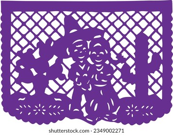 A Mexican papel picado in Spanish, which means in english: perforated paper or pecked paper with skulls and cactus. Concept: Day of the Dead.