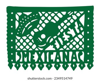 A Mexican papel picado in Spanish, which means in english: perforated paper or pecked paper with the text Fiesta MExicana with a sombrero and a guitar. Concept: Day of the Dead.