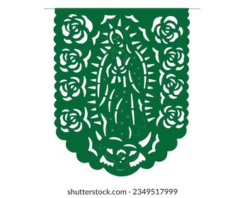 A Mexican papel picado in Spanish, which means in english: perforated paper or pecked paper with Our Lady of Guadalupe or Virgin of Guadalupe. Concept: Day of the Dead. 