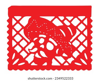 A Mexican papel picado in Spanish, which means in english: perforated paper or pecked paper with a skull head wearing a sombrero. Concept: Day of the Dead.