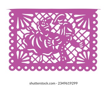 A Mexican papel picado in Spanish, which means in english: perforated paper or pecked paper with people dancing. Concept: Mexican national holidays, Mexican Revolution and Independence Day.