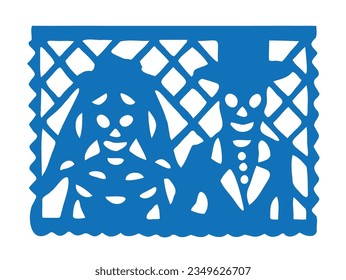 A Mexican papel picado in Spanish, which means in english: perforated paper or pecked paper with a couple of married skulls. Concept: Day of the Dead.