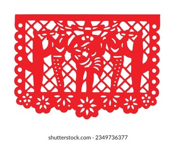 A Mexican papel picado in Spanish, which means in english: perforated paper or pecked paper with a Mariachi skulls band. Concept: Mexican national holidays, Mexican Revolution and Independence Day.