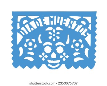 A Mexican papel picado in Spanish, which means in english: perforated paper or pecked paper, with a skull head with the text in Spanish day of the dead. Concept: Day of the Dead.