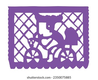 A Mexican papel picado in Spanish, which means in english: perforated paper or pecked paper with skull riding a bicycle holding a basket with bread. Concept: Day of the Dead.