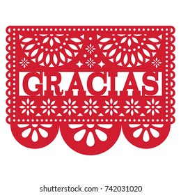 Mexican Papel Picado Vektordesign - Gracias Muster danke Karte
Papiervorlage mit Blumen und abstrakten Formen ausschneiden, festliche Blumenzusammensetzung in dunkelroter Farbe einzeln auf Weiß  