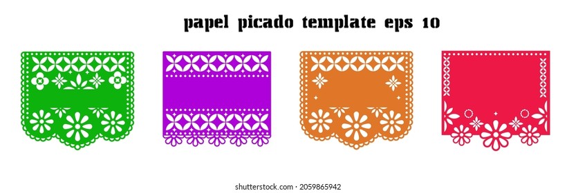 Mexican Papel Picado vector template. design of four colorful Mexican traditional art vectors with blank text to use as a template or mockup. eps 10