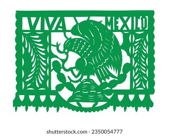 A Mexican papel picado, which means in english: perforated paper or pecked paper with the text: Viva Mexico, and an eagle. Concept: Mexican national holidays, Mexican Revolution and Independence Day.