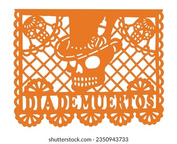 Un papel picado mexicano que significa papel perforado o papel picado con un cráneo que lleva un sombrero con el texto: DIA DE MUERTOS. Concepto: Día de los Muertos.