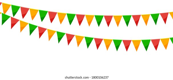 Mexican Paper Bunting Party Flags Isolated On White Background. Carnival Garland With Flags. Decorative Colorful Party Pennants For Birthday Celebration, Festival Decor. Colorful Bunting Flags.