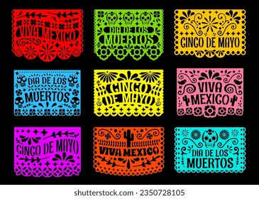 Mexican paper cut flags, dia de los muertos, dead day, cinco de mayo holidays papel picado pattern. Vector traditional laser cutting decoration with floral pattern, skulls, cacti, viva Mexico cards