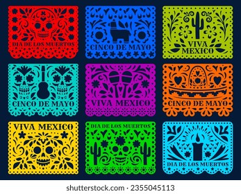 Mexican paper cut holiday flags. Cinco de mayo, dia de los muertos, viva Mexico papel picado isolated vector laser cutting templates. Traditional decor with floral pattern, skulls, cacti, pinata