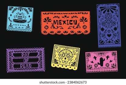 Mexican paper cut holiday flags. Cinco de mayo, dia de los muertos, viva mexico papel picado ornaments