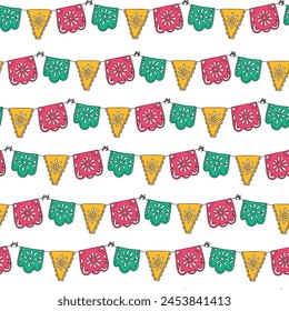 Mexican paper flags garlands seamless pattern for cinco de mayo, dia de los muertos, hispanic heritage month prints, wallpaper, wrapping paper, etc. EPS 10