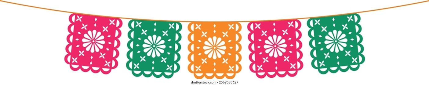 Mexican paper papel picado. Colored bright flags with ornaments for the Cinco de Mayo holiday. Isolated vector illustration.