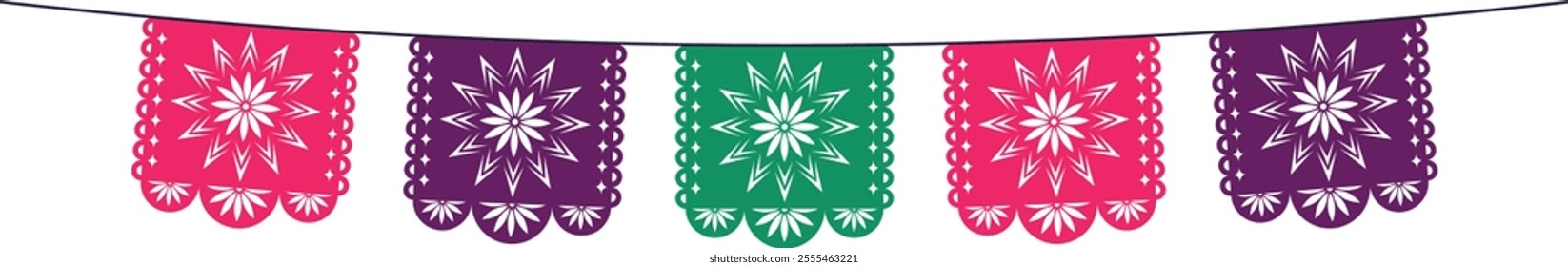  Mexican paper papel picado. Paper multi-colored garland. Isolated vector illustration.