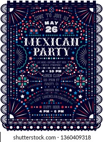 Partido mexicano anuncia diseño de afiches con elementos cortados de papel. Texto de estilo occidental para la invitación a la fiesta. El encaje popular de México y los motivos de bordado para el fondo ornamentado. Plantilla vectorial.