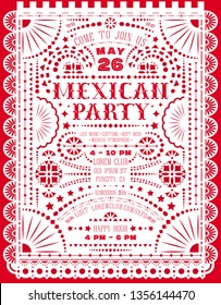 Mexican party announce poster with paper cut design. Customized Western style text for invitation for fiesta. Papel picado banner with Mexico folk lacy motives. Ornate background. Vector template.