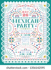 Mexican party announce poster template with paper flag cut elements. Western style text for invitation for fiesta party. Mexico folk lacy and embroidery motives for ornate background. Vector design.