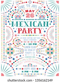 Mexican Party Announce Poster Template With Mexican National Decorative Elements. Invitation For Fiesta Party. Mexico Folk Lace And Embroidery Motives For Ornate Background. Vector Design.