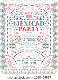 Mexican party announce poster template. Customized Western style text for invitation for fiesta party. Mexico folk lacy and embroidery motives for ornate background. Vector design.