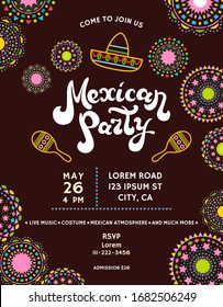 Mexican party announce poster template with festive decorative elements. Invitation for fiesta celebration. Colorful details at dark background. Vector design.