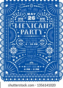 Mexican party announcing poster with paper cut design. Western style text for invitation for fiesta party. Papel picado banner with Mexico folk lacy motives. Ornate background. Vector template.