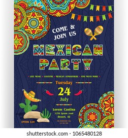 Mexican party announcing poster template. Text customized for invitation. Ornate letters, maracas and cactus in sombrero. Ethnic ornaments for border and background. Vector illustration.