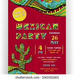 Mexican party announcing poster template. Text customized for invitation. Ornate letters and cactus. Ethnic ornaments for border and background. Vector illustration.