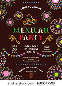 Mexican party announcing poster template with decorative elements. Invitation for fiesta celebration. Colorful festive details at dark background. Vector design.