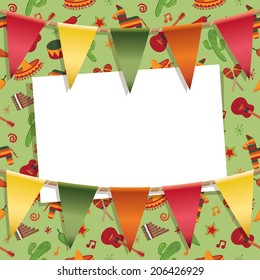 mexican party card decoration with background pattern, bunting and card for your text, with clipping path and transparencies