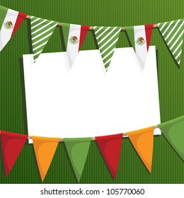 Mexican party card with mexican flag bunting and space for text on a green striped background