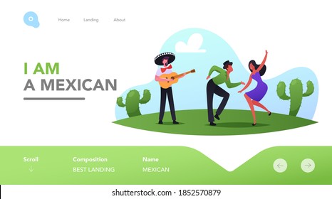 Mexican Party, Cinco De Mayo Festival Landing Page Template. Mariachi with Guitar and Dancer Characters in Traditional Clothes Celebrating National Music Holiday. Cartoon People Vector Illustration