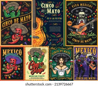 Mexican party colorful vintage posters set with cartoon chili pepper anc cactus musicians, woman in sombrero shaking maracas, mariachi trumpeter and guitarist in charro outfits, vector illustration