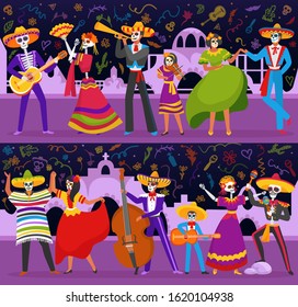 Mexican party Day of Dead holiday celebrating skeleton people costume vector illustration. Deadmen, women, children party festive Mexico carnival carnival play musical instruments dance together.