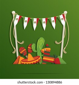 mexican party decoration with flag bunting and objects with space for text, eps 10 file with transparencies